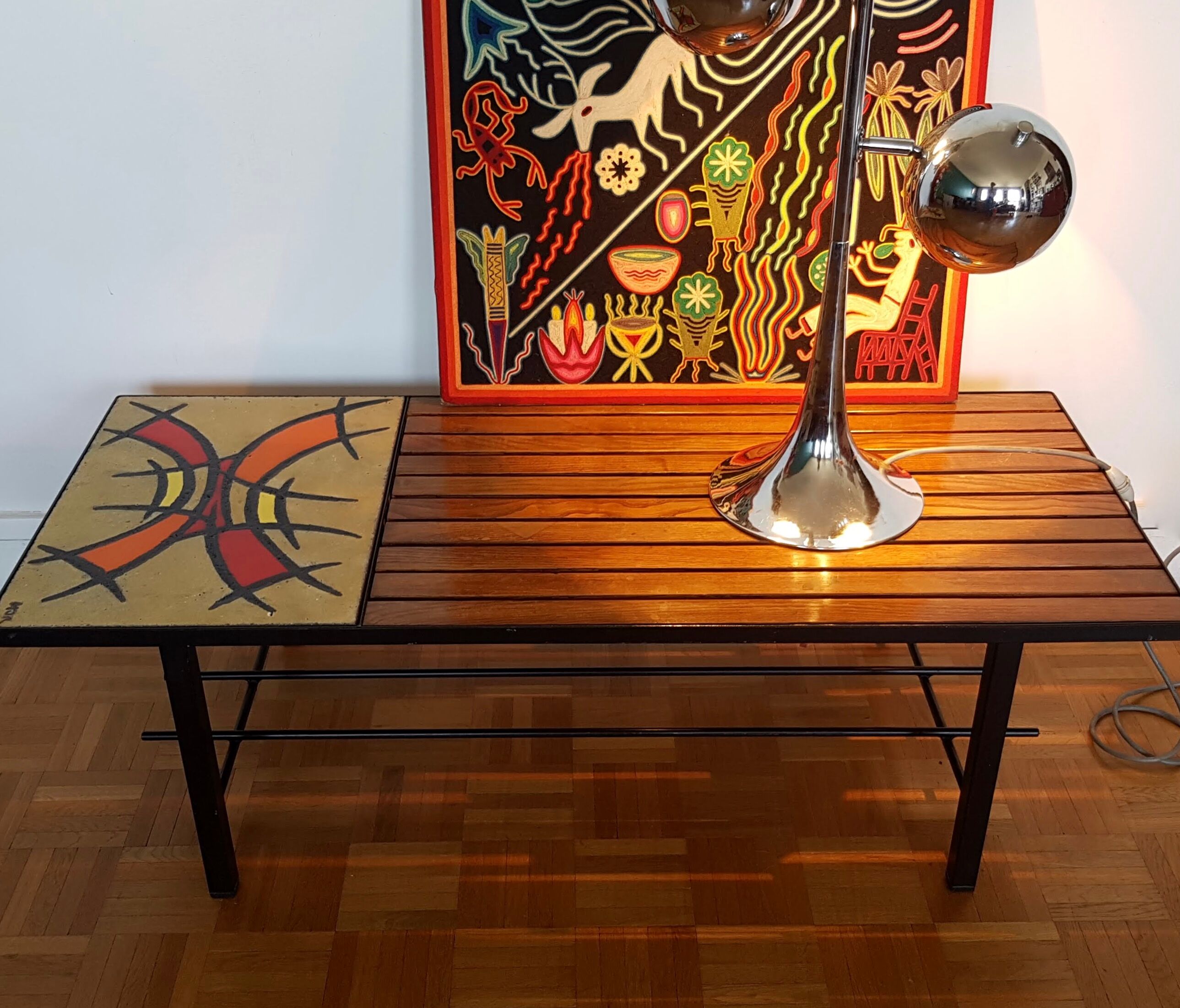 Coffee table vintage iron lava stone and wood