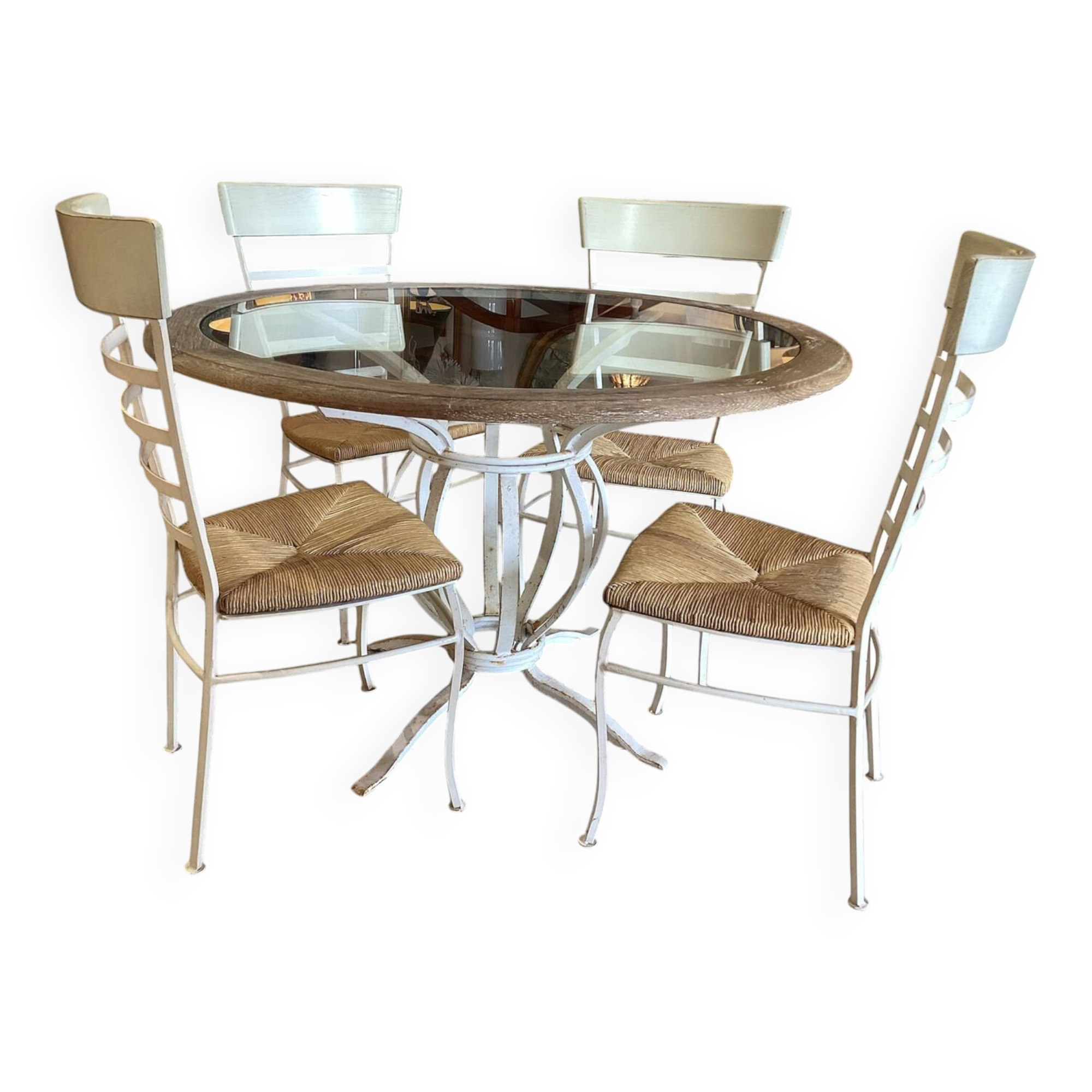 Round wrought iron table, wood & glass