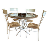 Table ronde fer forgé bois & verre