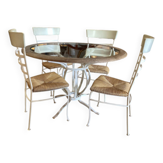 Table ronde fer forgé bois & verre