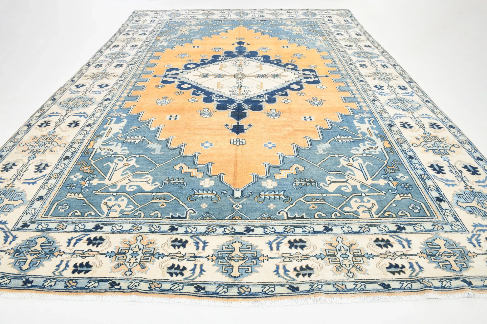 Vintage Large Blue & Peach Persian Rug, Handmade Wool Rustic Decor,348x495