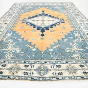 Vintage Large Blue & Peach Persian Rug, Handmade Wool Rustic Decor,348x495