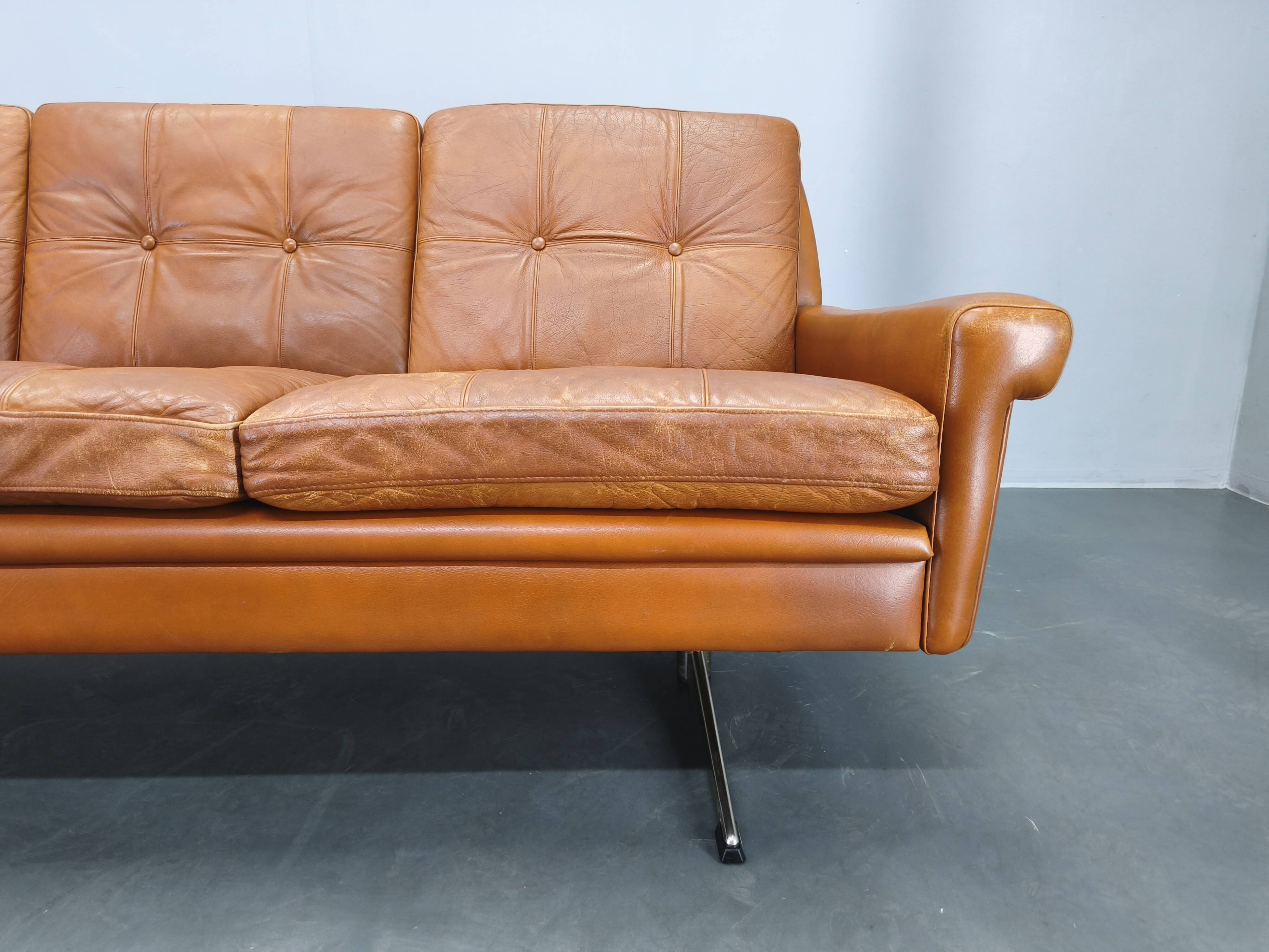 Svend Skipper Danish Leather Sofa Cognac Chrome, 1960s