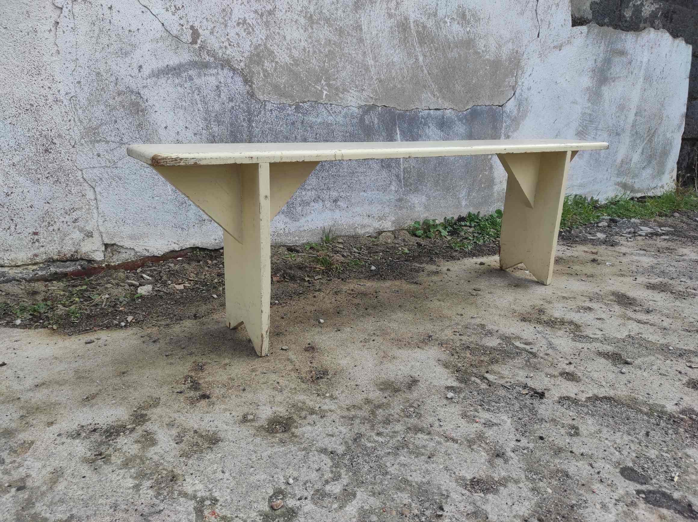 Old wooden farm bench vintage white fir industrial cloakroom