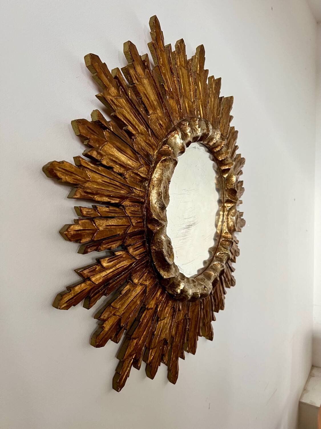 Old golden wooden sun mirror large size vintage 50s design
