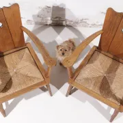 Pair of brutalist oak throne chairs with rush seats – Netherlands, 1930s