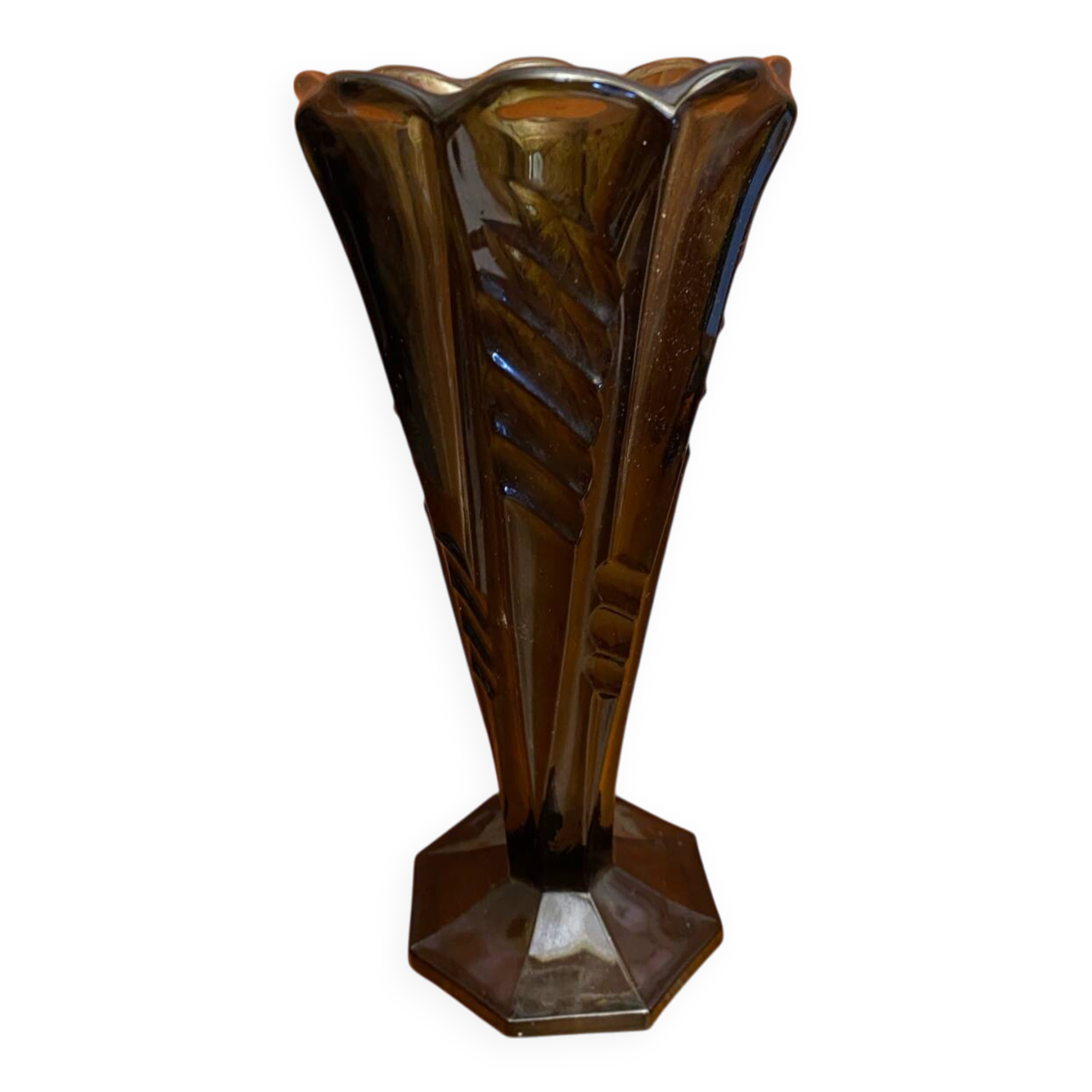 Antique Art Deco Smoked Grey Molded Glass Vase Vintage Decoration