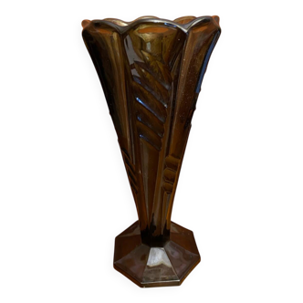 Antique Art Deco Smoked Grey Molded Glass Vase Vintage Decoration
