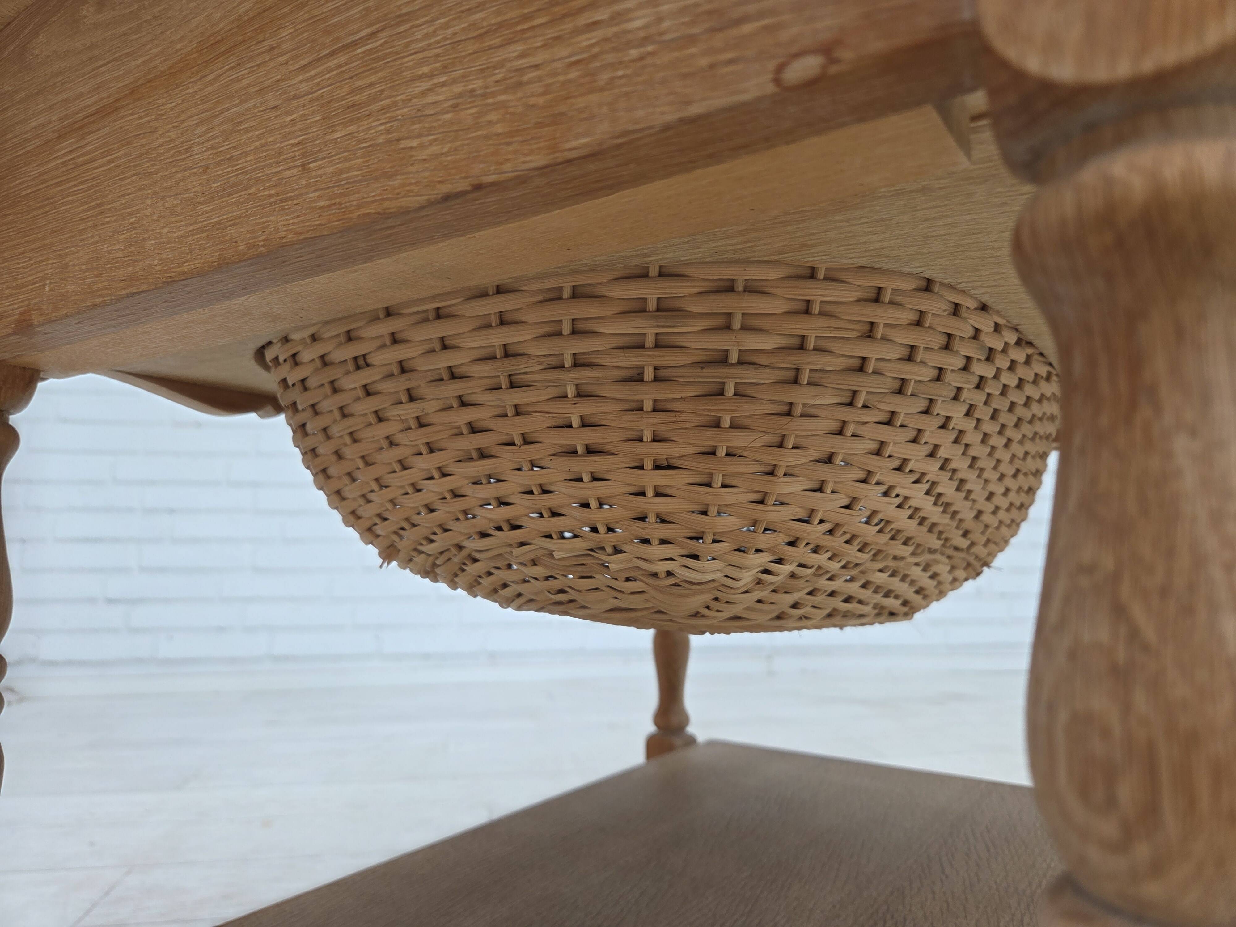 1970s, Scandinavian side table with drawers, solid oak wood, rattan.