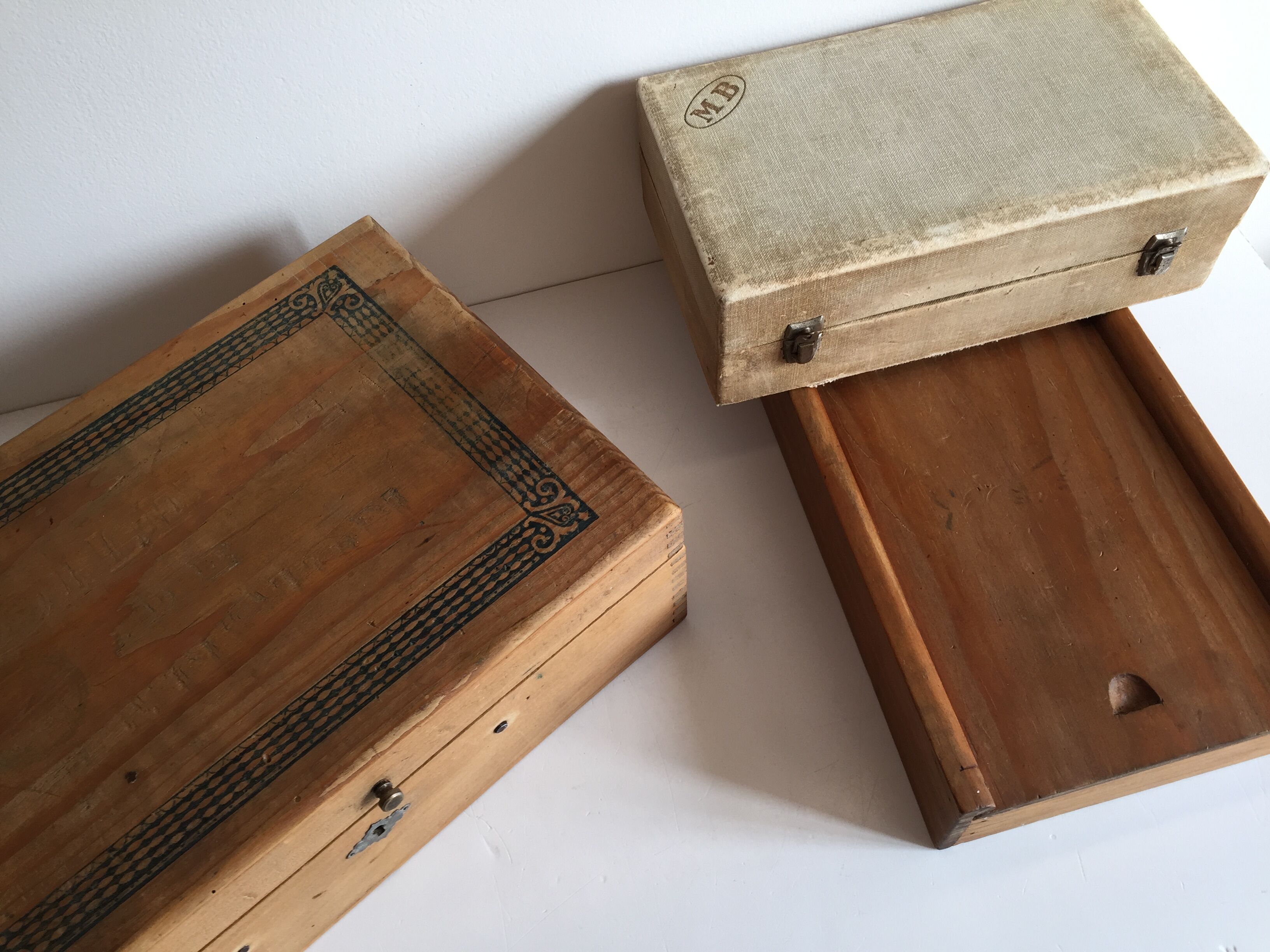 Ensemble de 3 boites en bois toilette de pension vintage