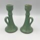 Pair of vintage table candle holders in green enameled ceramic