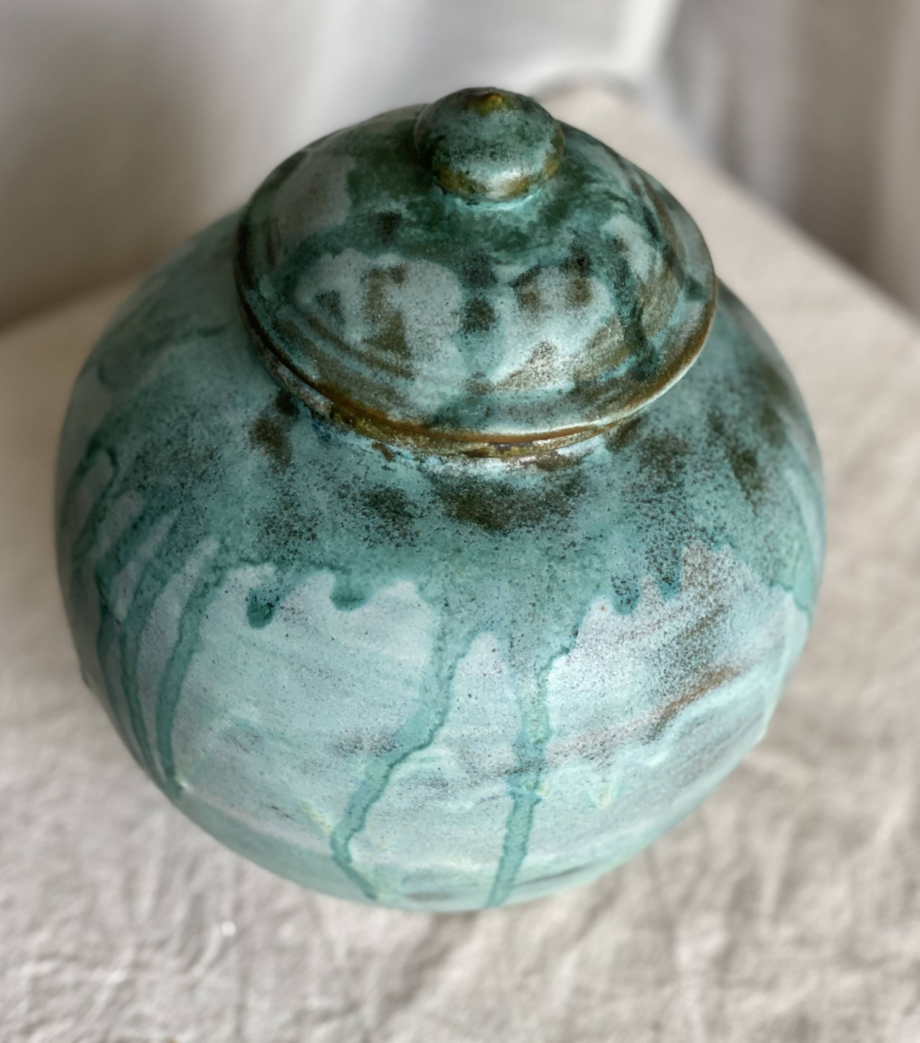 Vintage 1970s blue enameled stoneware ball pot with lid, signed Vallauris style