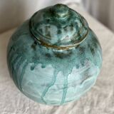 Pot boule à couvercle grés émaillé bleu vintage 1970 signé style Vallauris
