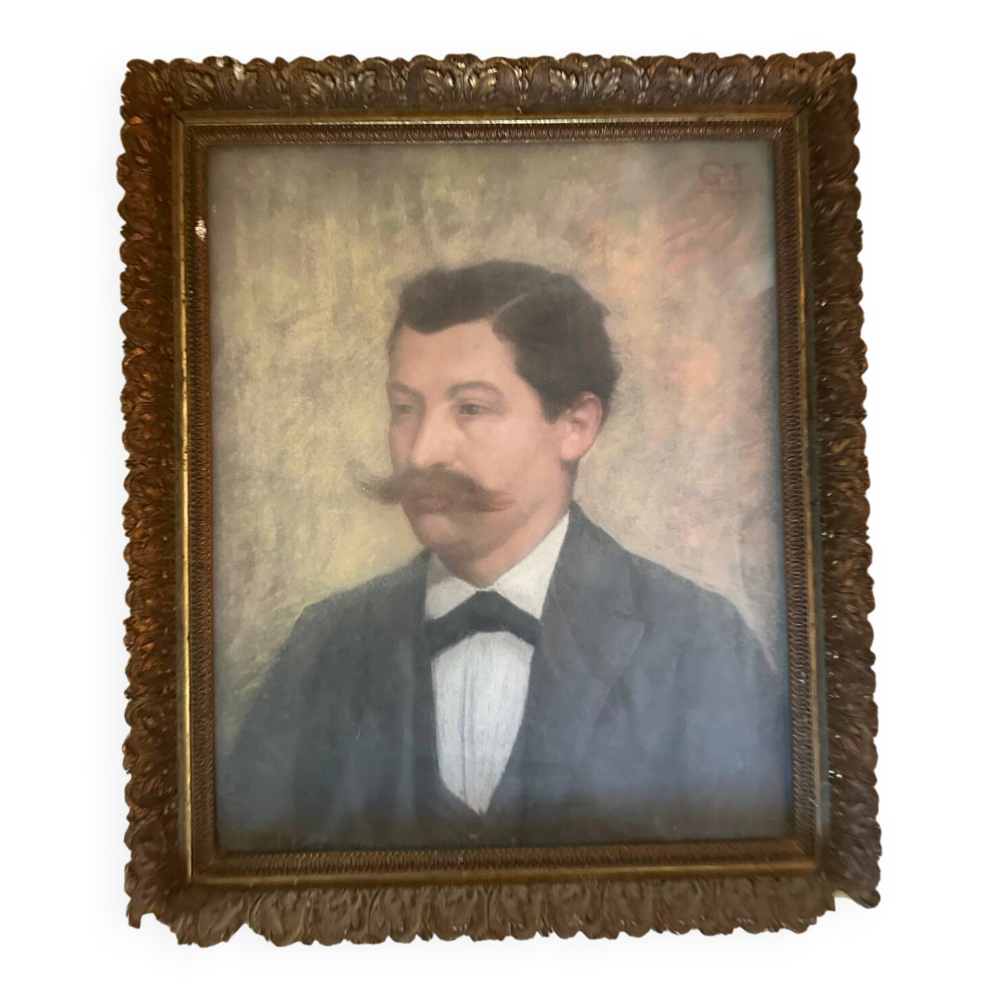 Portrait of a man with a moustache – Original 19th-century pastel – Stucco frame