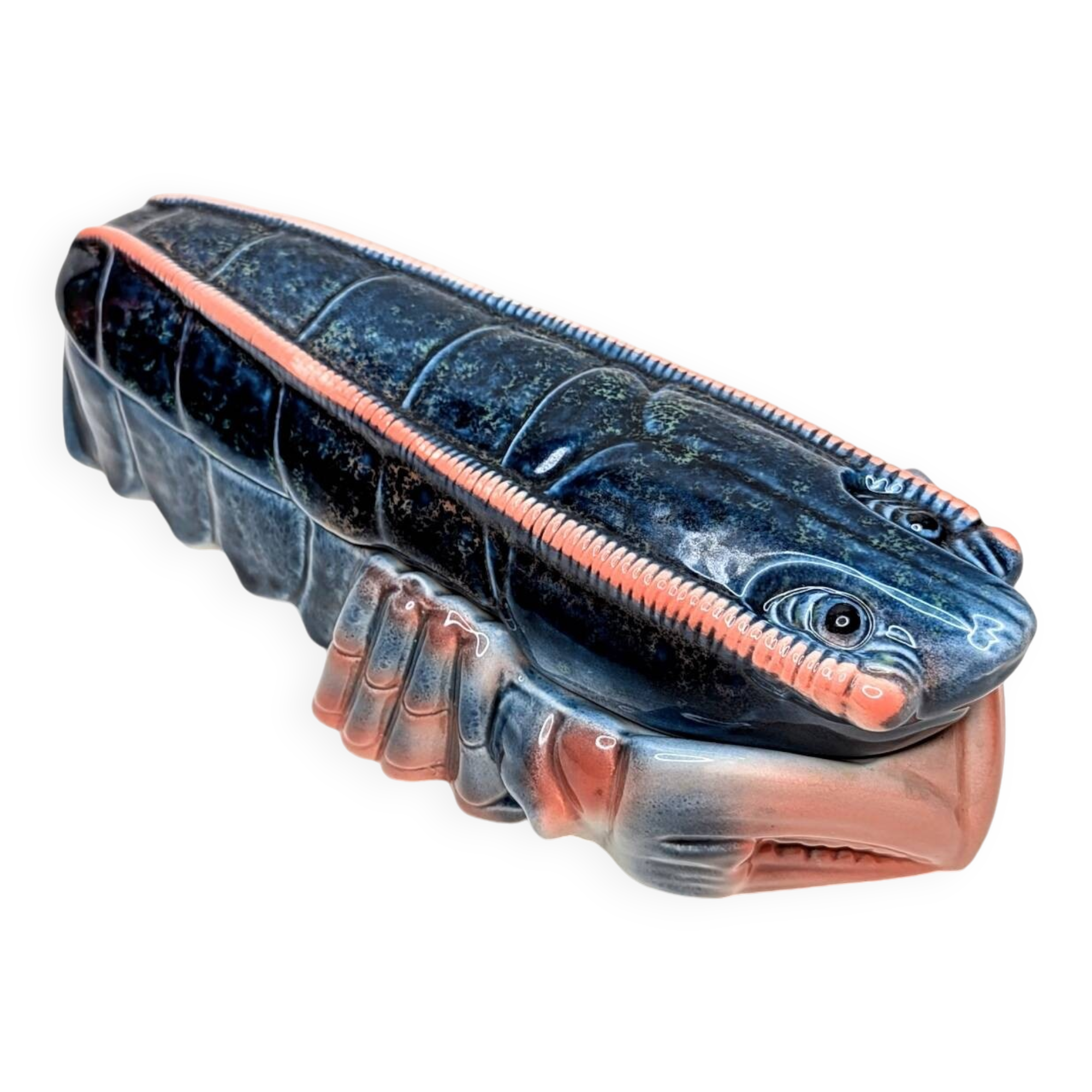 Lobster barbotine signed Michel Caugant midnight blue / coral