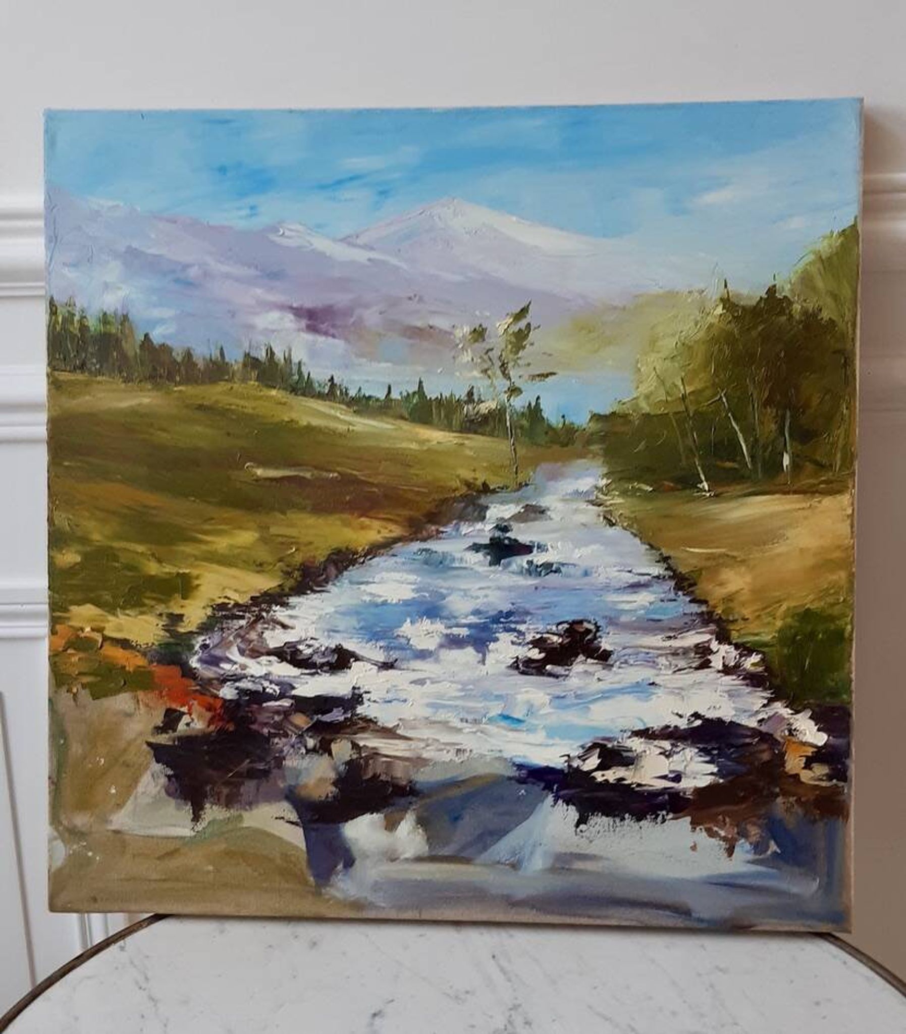 Painting oil on canvas landscape river mountains vintage