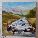 Painting oil on canvas landscape river mountains vintage