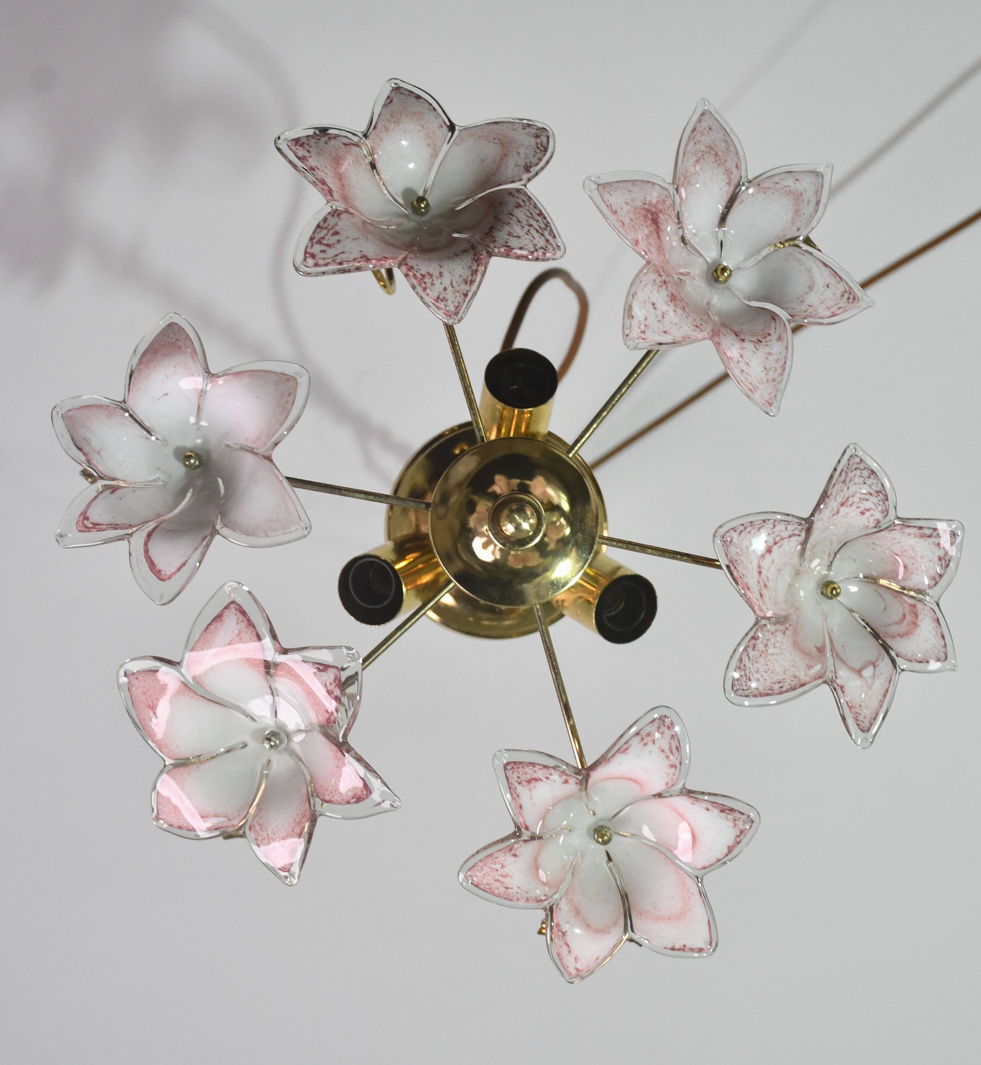 Set of 3 Charming Murano Vintage Ceiling Light Pink Flowers, 1970s