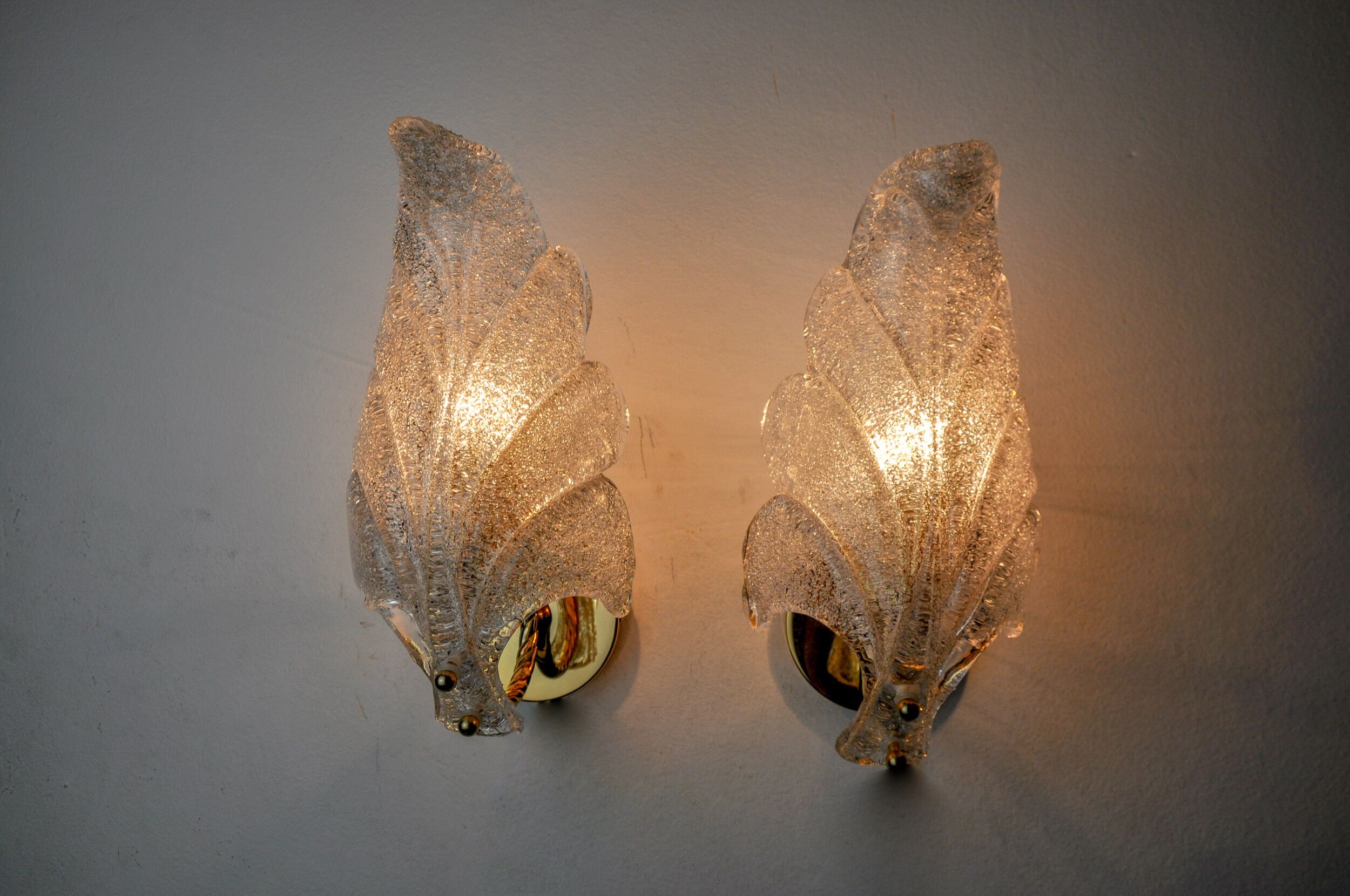 Pair of frosted leaf sconces, murano glass, italy, 1970