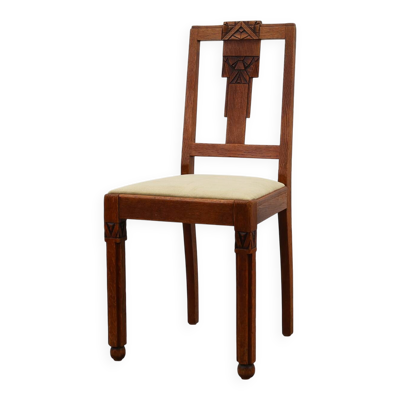 Chaise latérale en chêne de style École d'Amsterdam avec des sculptures géométriques, Les Pays-Bas