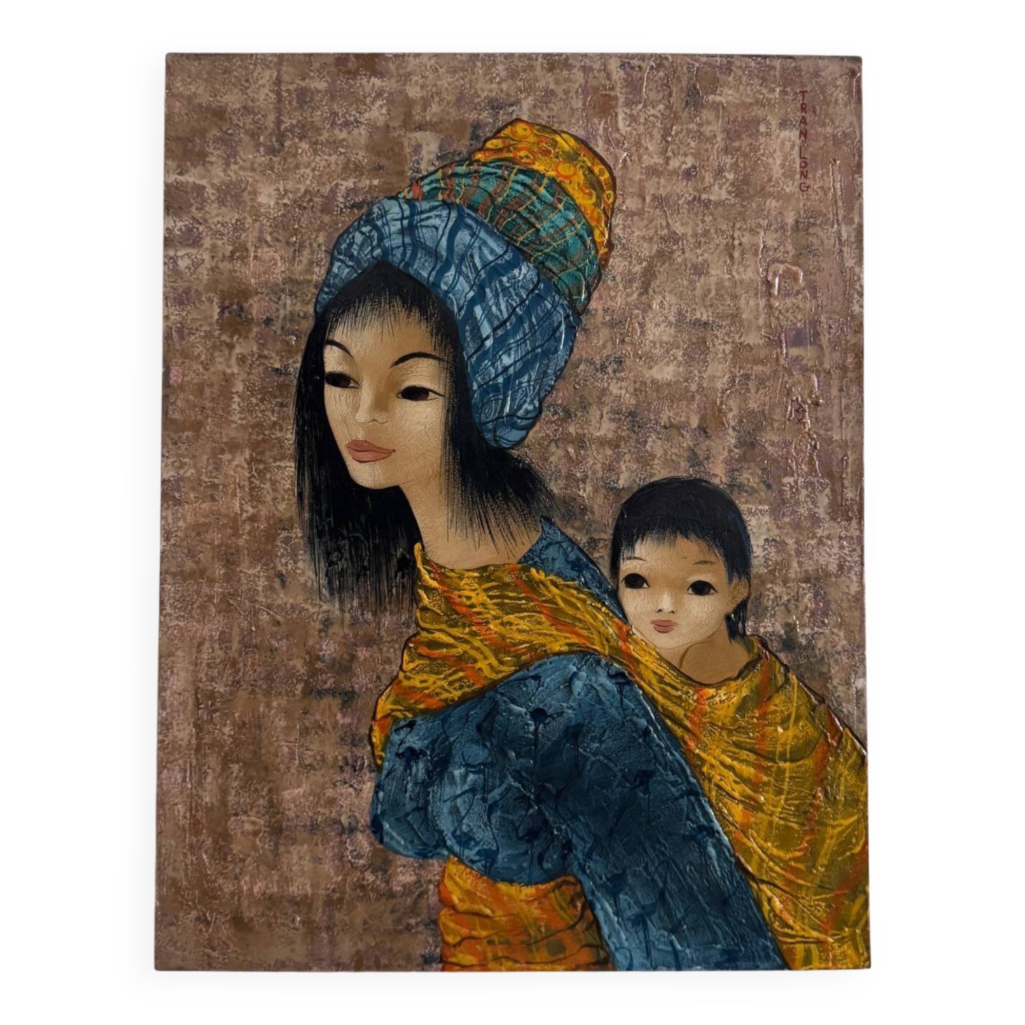 Acrylique sur carton par Tran Long "Une mère portant son enfant"