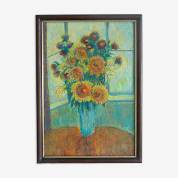 painting oil on canvas sunflowers still life signed