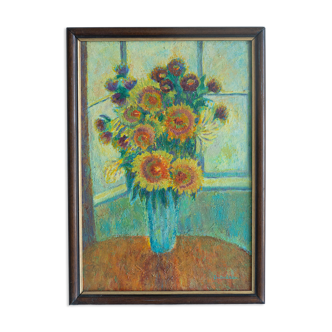 painting oil on canvas sunflowers still life signed