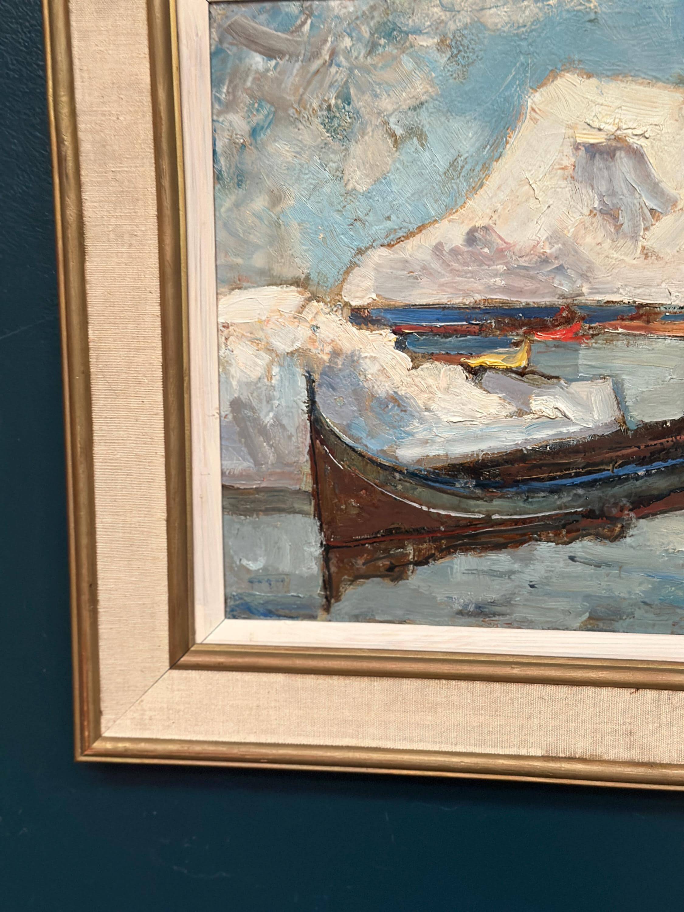Original Swedish Oil on Panel – “Winter Harbor” by Knut Norman – Signed – Vintage & Framed
