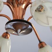 Chandelier copper tulip golden glass and white patterns 6 lights old vintage luminaire restored