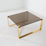 Table basse du milieu du siècle avec base plaquée or et plateau en verre, années 1970