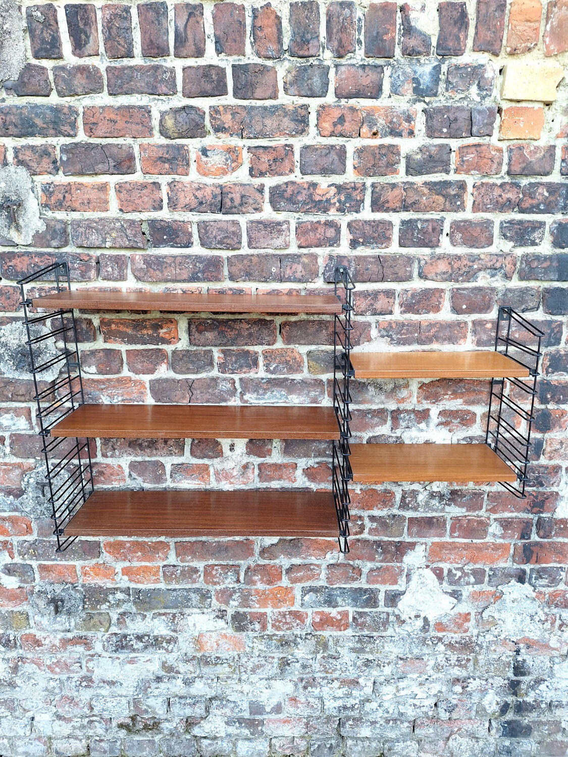 Vintage wood and metal shelves, designer storage.