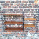 Vintage wood and metal shelves, designer storage.