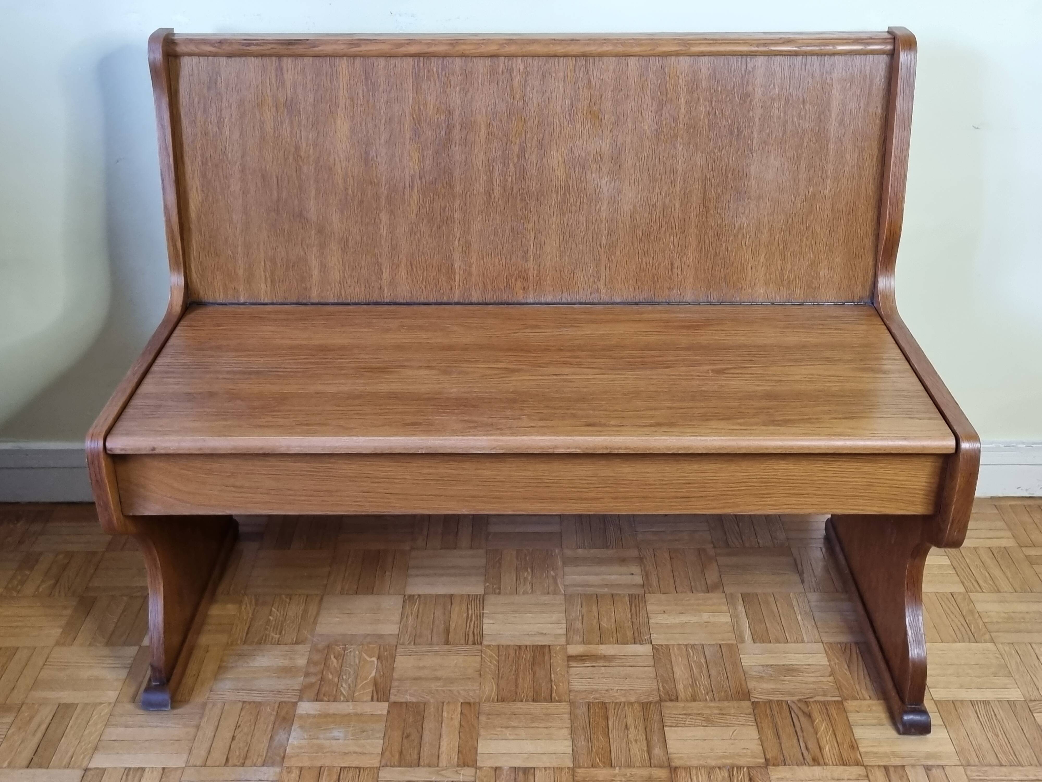 Vintage oak bench with storage compartment, two-seater, 104 cm