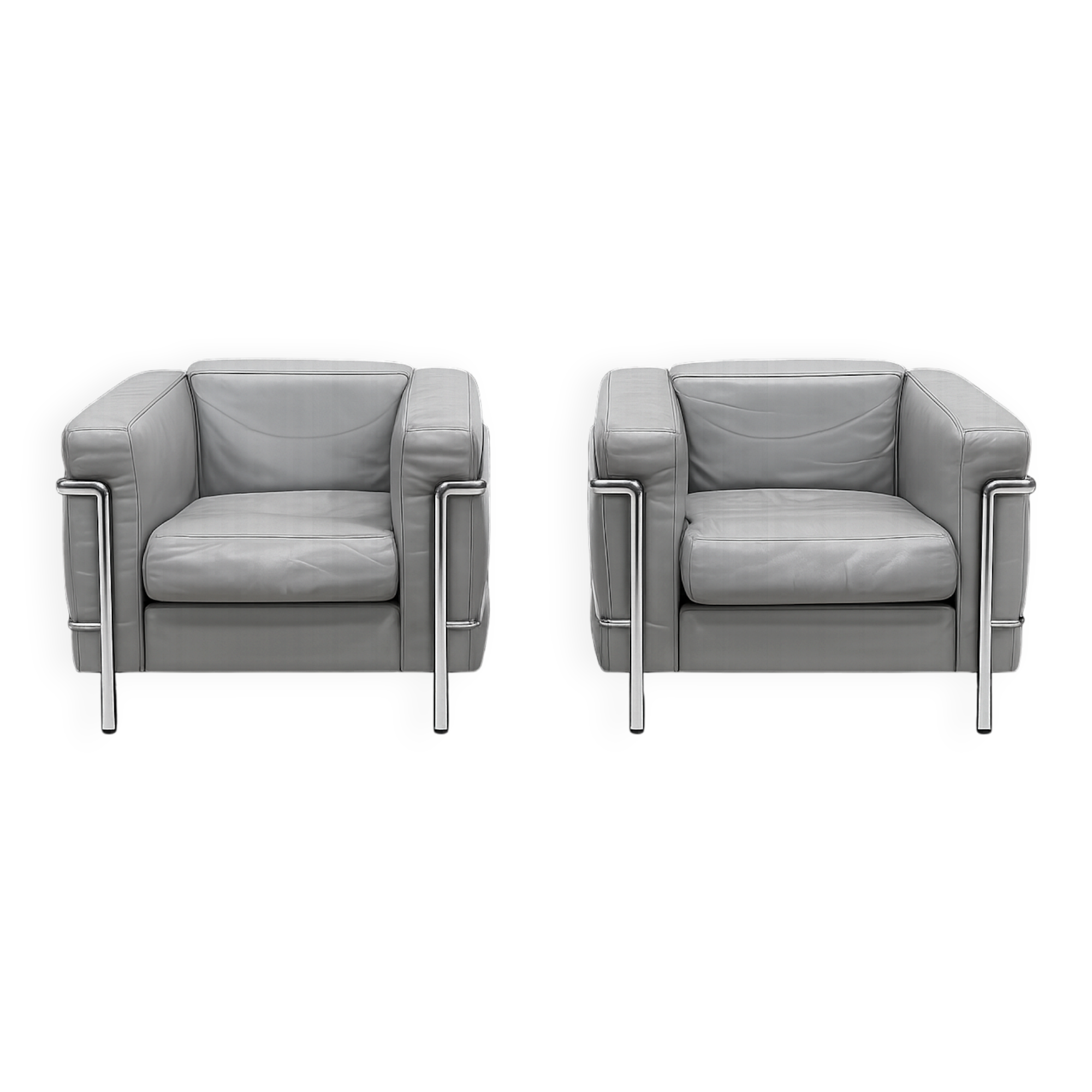 Pair of Cassina LC2 armchairs in grey leather.