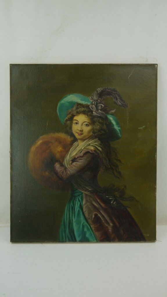 Ma. allard école de la fin du xixe siècle, jeune fille au chapeau bleu, huile sur toile. signée