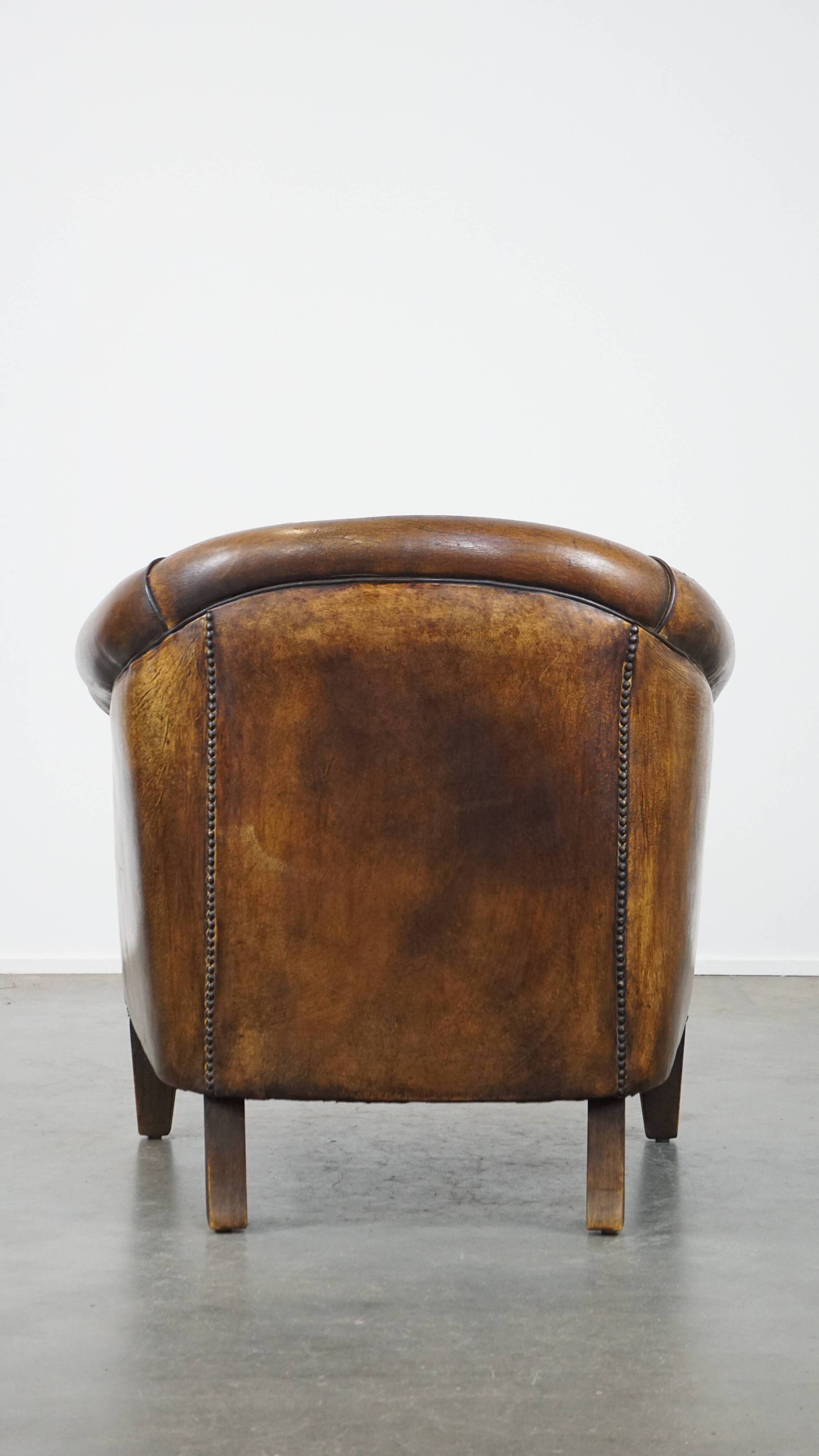 Cognac-Colored Vintage Sheepskin Leather Club Armchair
