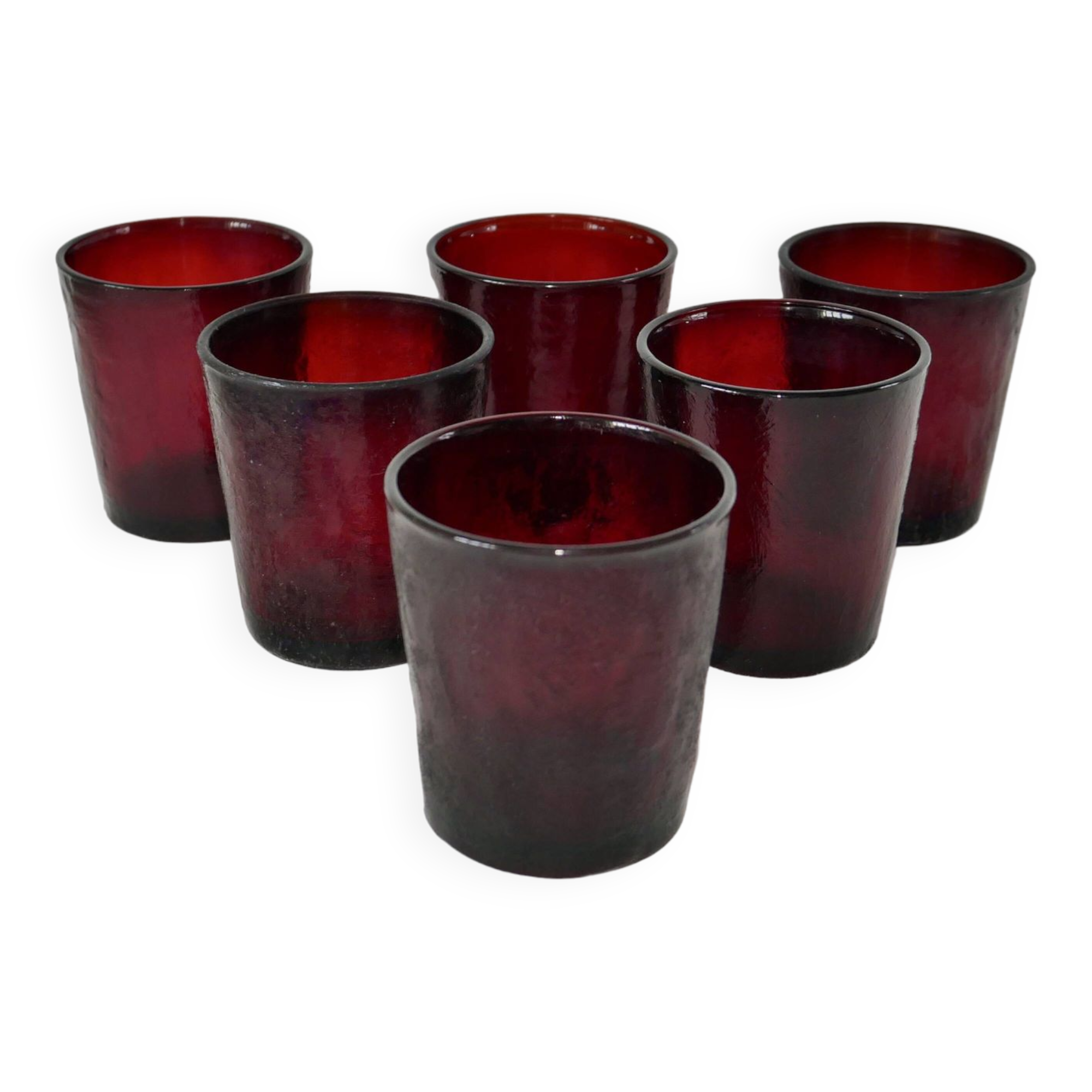 Set of 6 70s burgundy colored glass glasses
