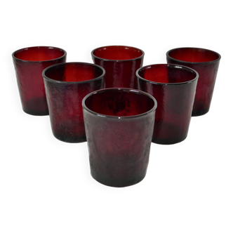 Set of 6 70s burgundy colored glass glasses