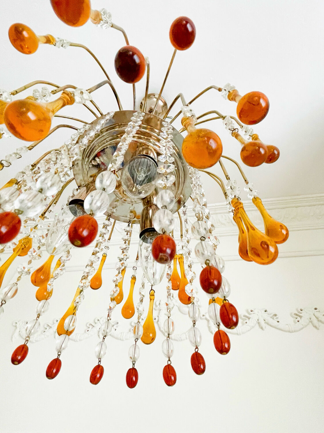 Lustre cascade Murano vintage en verre ambré et cristal, chandelier it