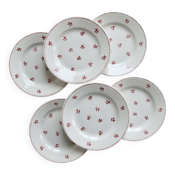 6 assiettes à dessert vintage faïence motifs rouges
