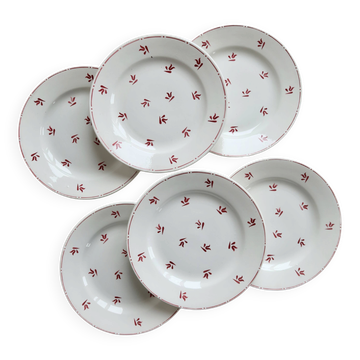 6 assiettes à dessert vintage faïence motifs rouges