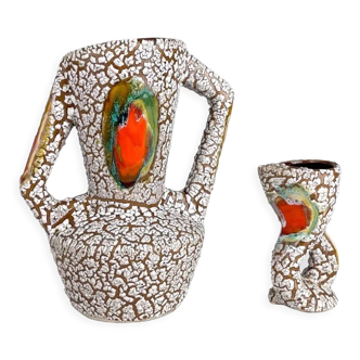 Pair of ceramic vases cracked and flamed Vallauris 70s