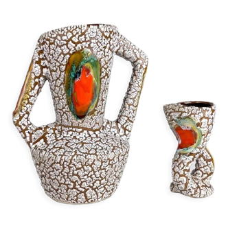 Paire de vases en céramique craquelée et flammée Vallauris années 70