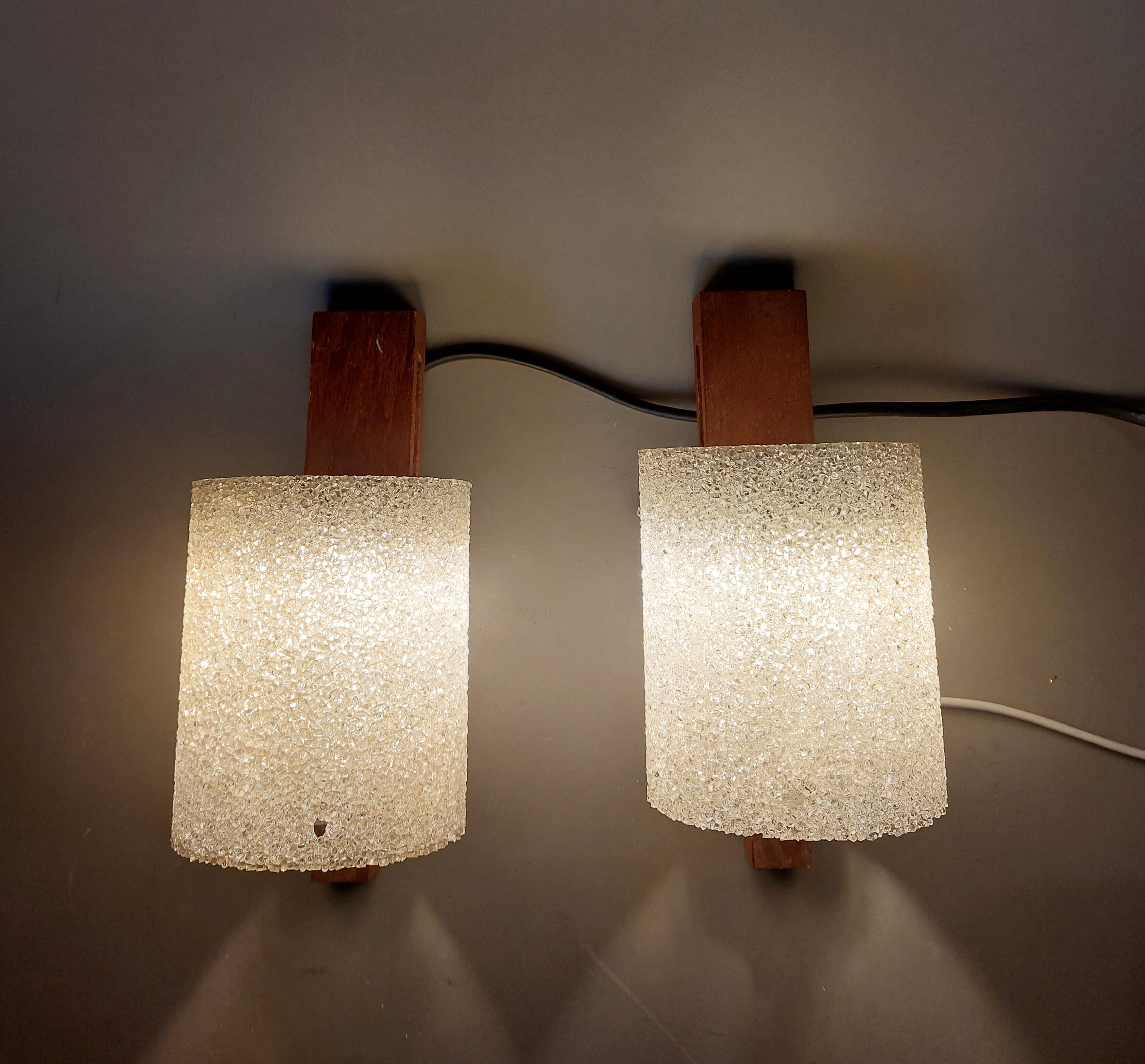 Pair of Scandinavian teak and perspex sconces Vintage 1960