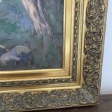 Old oil painting on canvas attributed to R. SCHWAB. Village vintage gilded wood frame 65 x 80 cm