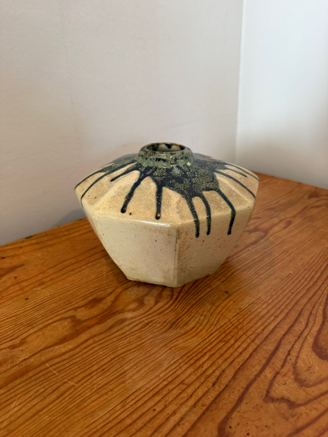 Scandinavian studio vase in flamed stoneware with drip decorations.
