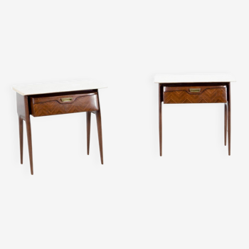 Set of 2 italian midcentury rosewood, carrara marble and brass bedside tables / cabinets.