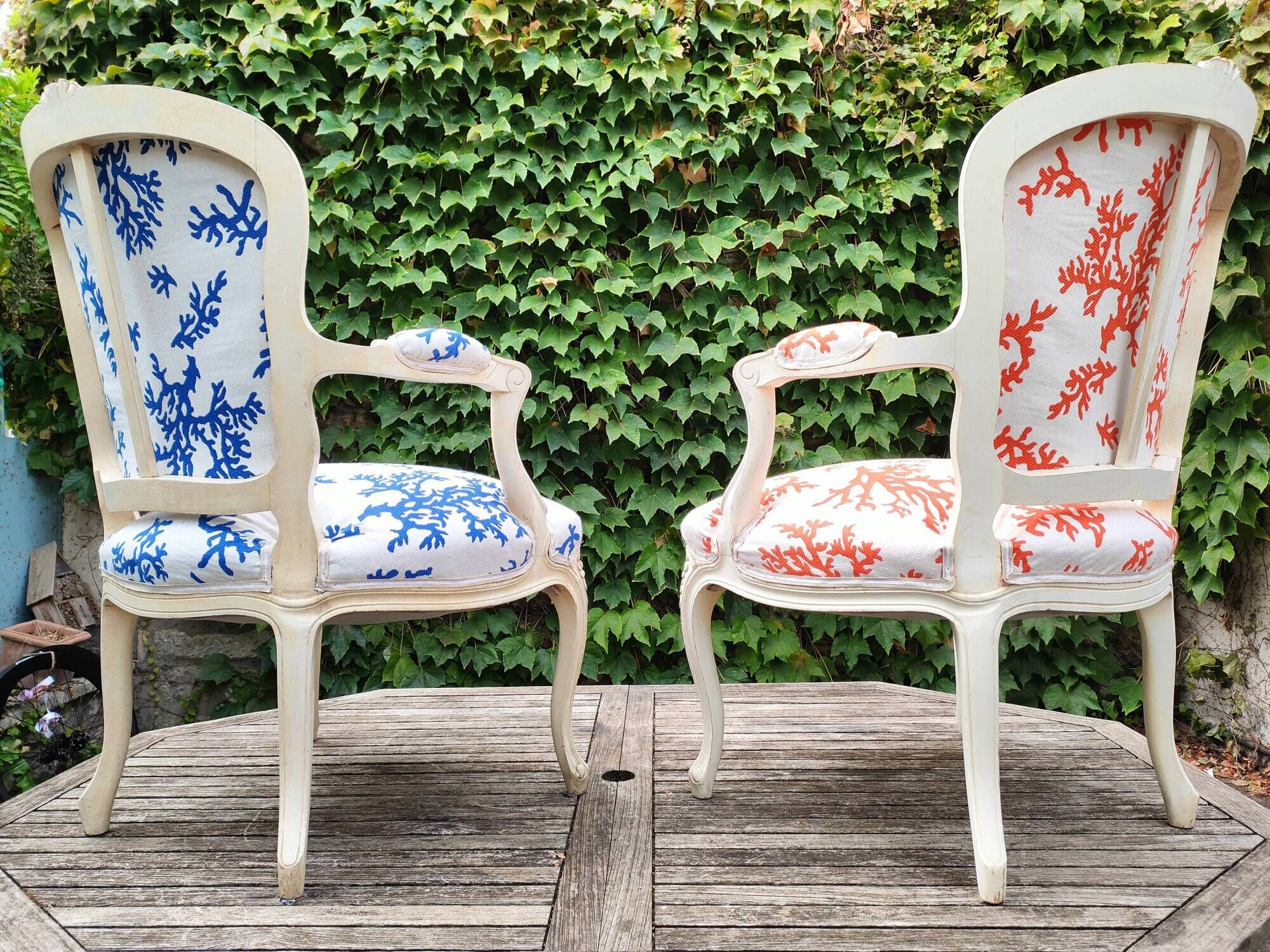 Pair of Louis XV style armchairs. New upholstery with "Coral" pattern.