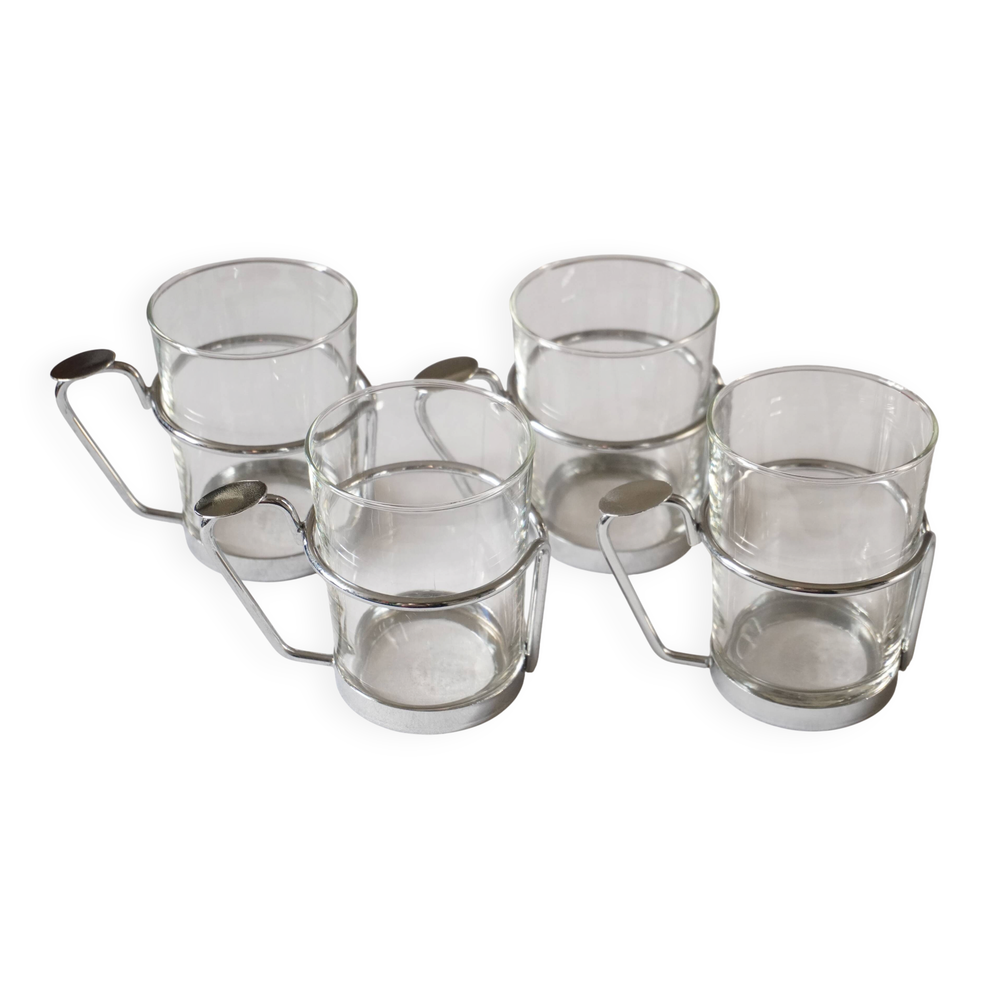 Lot de 4 tasses, verre et support en métal, Duralex France