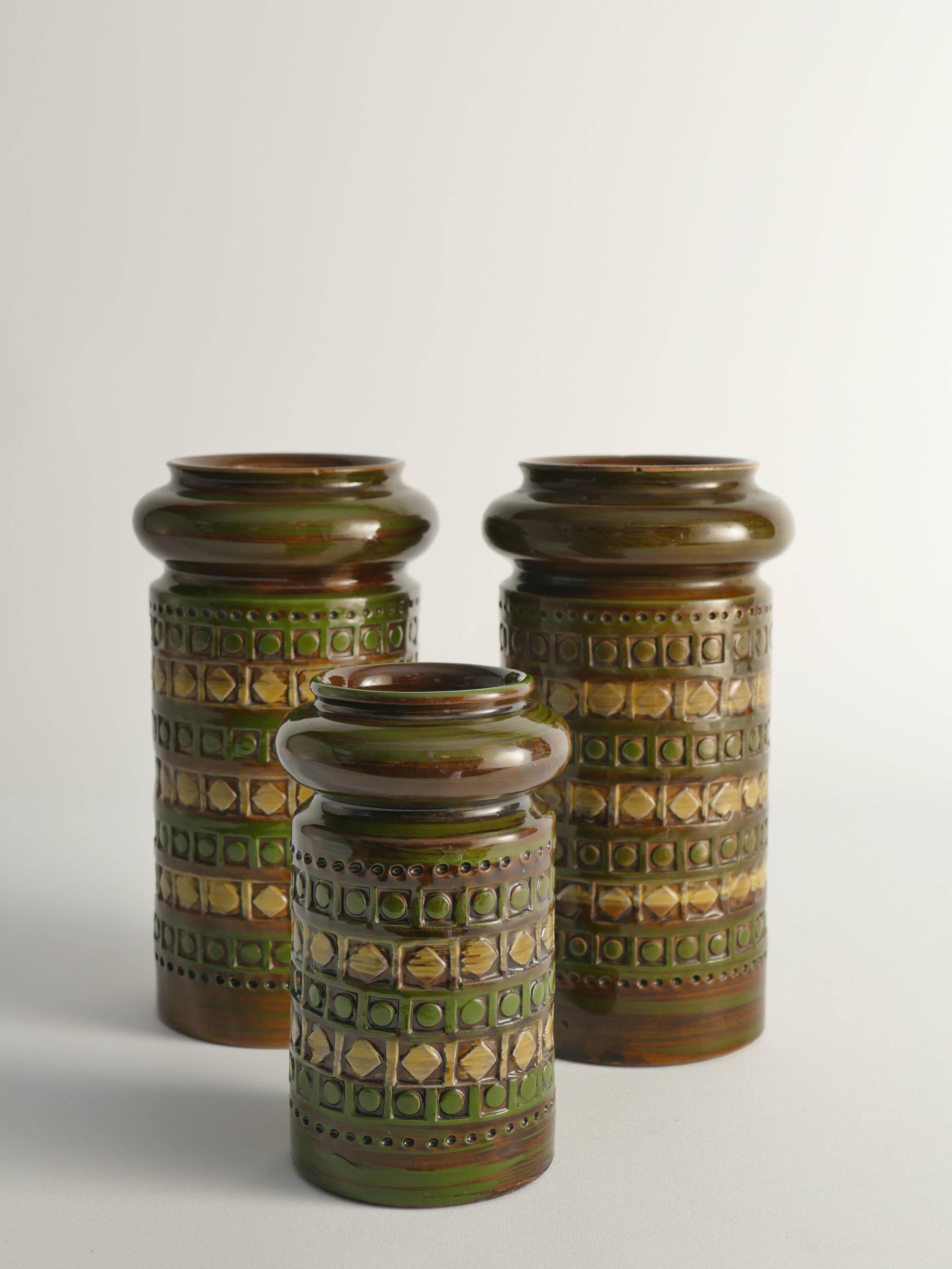 Vases en grès jaune et vert par Aldo Londi pour Bitossi, Italie, ensemble de 3
